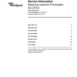 Whirlpool dlc7012 service manual cover Whirlpool logo, Whirlpool EMEA customer service, model type, publication date, document number and service manual contents