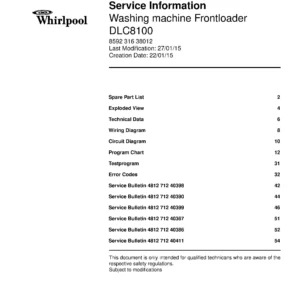 Whirlpool dlc8100 service manual cover Whirlpool logo, Whirlpool EMEA customer service, model type, publication date, document number and service manual contents