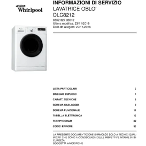 Whirlpool dlc8212 copertina del manuale di servizio Whirlpool logo, Whirlpool EMEA customer service, model type, publication date, document number and service manual contents
