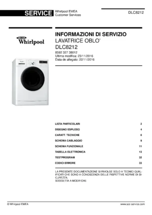 Whirlpool dlc8212 copertina del manuale di servizio Whirlpool logo, Whirlpool EMEA customer service, model type, publication date, document number and service manual contents