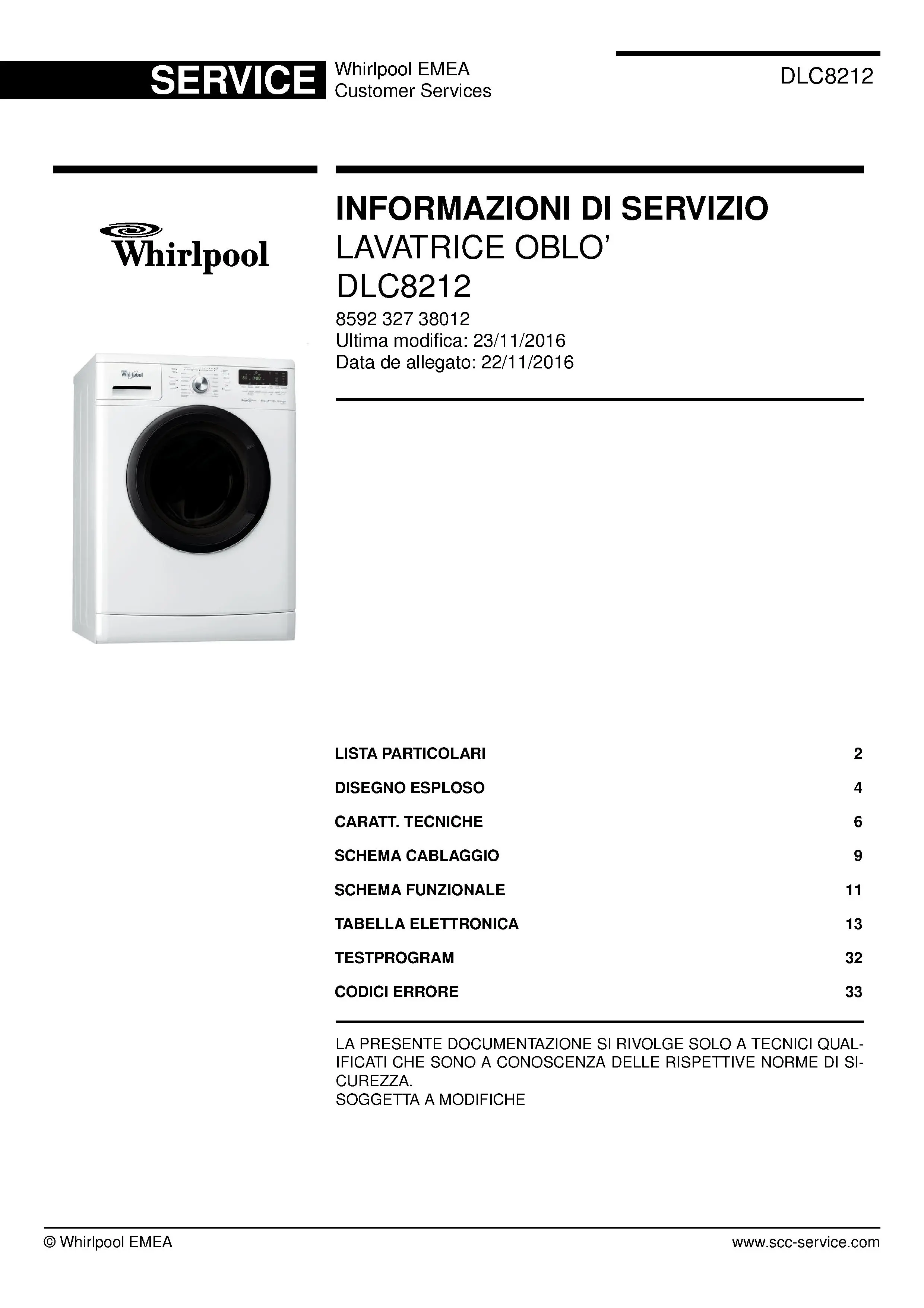 Whirlpool dlc8212 copertina del manuale di servizio Whirlpool logo, Whirlpool EMEA customer service, model type, publication date, document number and service manual contents