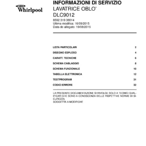 Whirlpool dlc9012 copertina del manuale di servizio Whirlpool logo, Whirlpool EMEA customer service, model type, publication date, document number and service manual contents