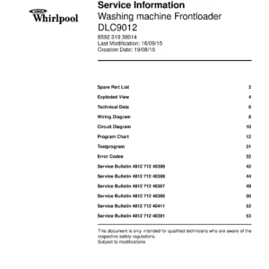 Whirlpool dlc9012 service manual cover Whirlpool logo, Whirlpool EMEA customer service, model type, publication date, document number and service manual contents