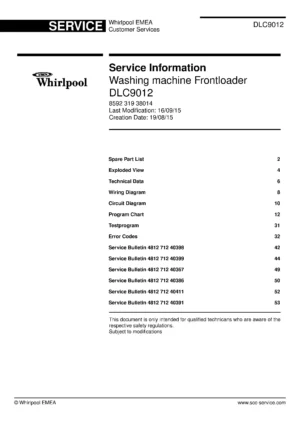 Whirlpool dlc9012 service manual cover Whirlpool logo, Whirlpool EMEA customer service, model type, publication date, document number and service manual contents