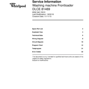 Whirlpool dlce 81469 service manual cover Whirlpool logo, Whirlpool EMEA customer service, model type, publication date, document number and service manual contents