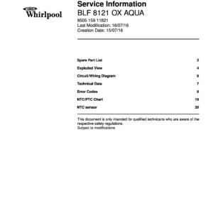 Whirlpool forcopycsv service manual cover with model code, manual contents and publication date