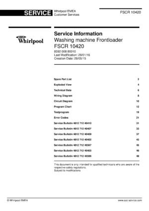 Whirlpool fscr 10420 service manual cover Whirlpool logo, Whirlpool EMEA customer service, model type, publication date, document number and service manual contents