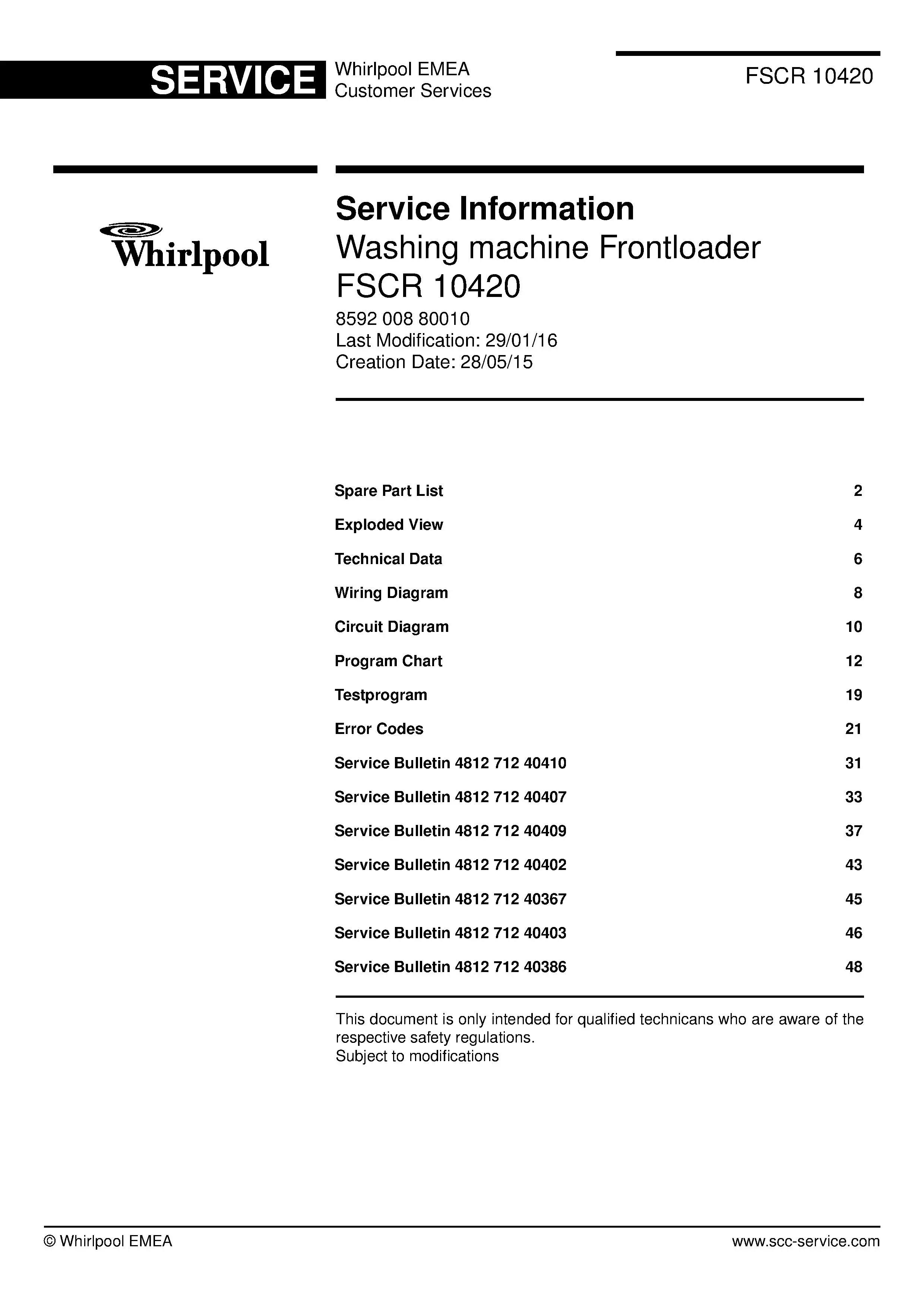 Whirlpool fscr 10420 service manual cover Whirlpool logo, Whirlpool EMEA customer service, model type, publication date, document number and service manual contents