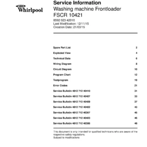 Whirlpool fscr 10421 service manual cover Whirlpool logo, Whirlpool EMEA customer service, model type, publication date, document number and service manual contents