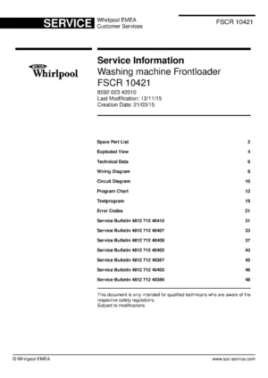 Whirlpool fscr 10421 service manual cover Whirlpool logo, Whirlpool EMEA customer service, model type, publication date, document number and service manual contents