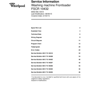 Whirlpool fscr 10432 service manual cover Whirlpool logo, Whirlpool EMEA customer service, model type, publication date, document number and service manual contents