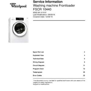Whirlpool fscr 10440 service manual cover Whirlpool logo, Whirlpool EMEA customer service, model type, publication date, document number and service manual contents