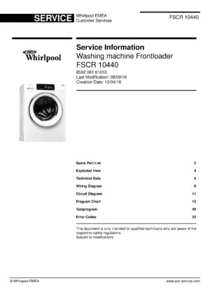 Whirlpool fscr 10440 service manual cover Whirlpool logo, Whirlpool EMEA customer service, model type, publication date, document number and service manual contents