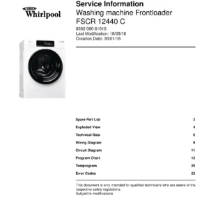 Whirlpool fscr 12440 c service manual cover Whirlpool logo, Whirlpool EMEA customer service, model type, publication date, document number and service manual contents