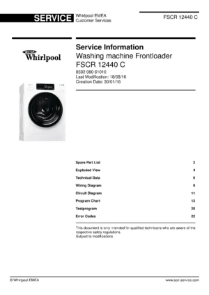 Whirlpool fscr 12440 c service manual cover Whirlpool logo, Whirlpool EMEA customer service, model type, publication date, document number and service manual contents