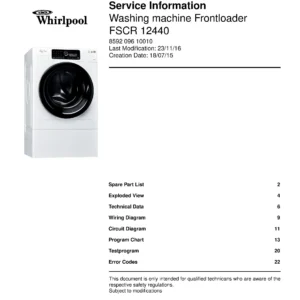 Whirlpool fscr 12440 service manual cover Whirlpool logo, Whirlpool EMEA customer service, model type, publication date, document number and service manual contents
