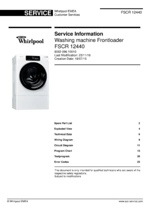 Whirlpool fscr 12440 service manual cover Whirlpool logo, Whirlpool EMEA customer service, model type, publication date, document number and service manual contents