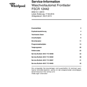 Whirlpool fscr 12442 deckblatt der serviceanleitung Whirlpool logo, Whirlpool EMEA customer service, model type, publication date, document number and service manual contents