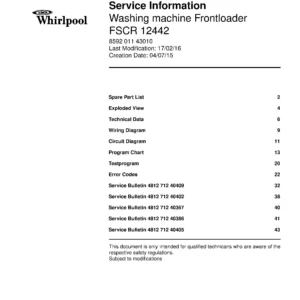 Whirlpool fscr 12442 service manual cover Whirlpool logo, Whirlpool EMEA customer service, model type, publication date, document number and service manual contents