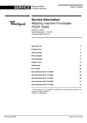 Whirlpool fscr 12442 service manual cover Whirlpool logo, Whirlpool EMEA customer service, model type, publication date, document number and service manual contents