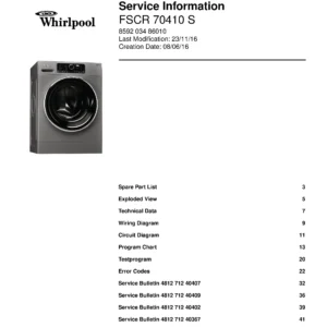 Whirlpool fscr 70410 s service manual cover Whirlpool logo, Whirlpool EMEA customer service, model type, publication date, document number and service manual contents