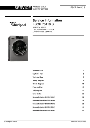 Whirlpool fscr 70410 s service manual cover Whirlpool logo, Whirlpool EMEA customer service, model type, publication date, document number and service manual contents