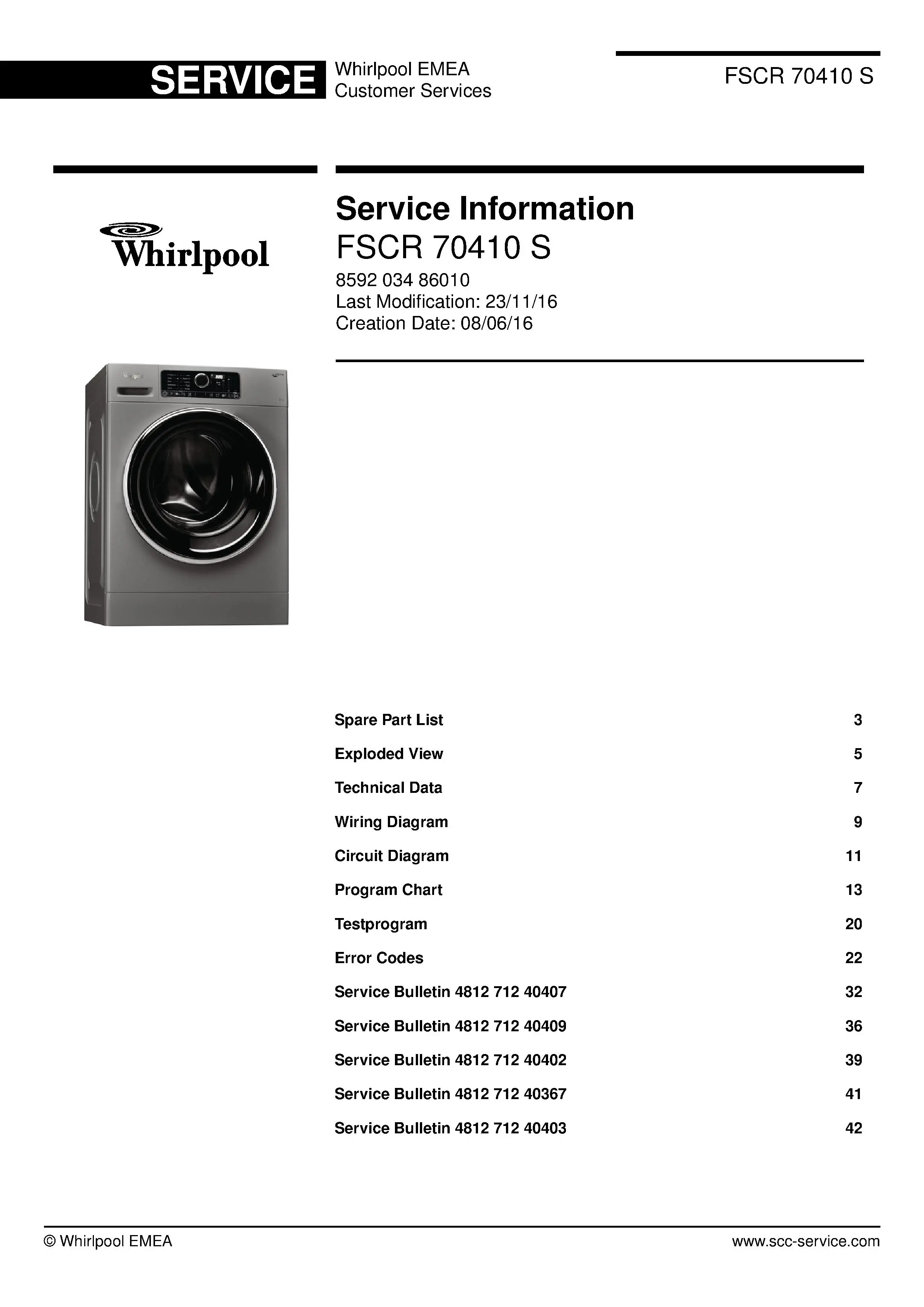 Whirlpool fscr 70410 s service manual cover Whirlpool logo, Whirlpool EMEA customer service, model type, publication date, document number and service manual contents