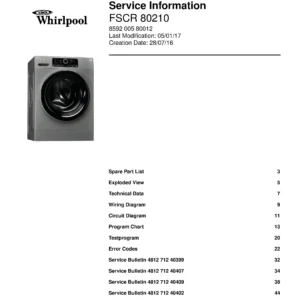 Whirlpool fscr 80210 service manual cover Whirlpool logo, Whirlpool EMEA customer service, model type, publication date, document number and service manual contents