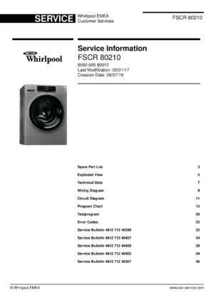 Whirlpool fscr 80210 service manual cover Whirlpool logo, Whirlpool EMEA customer service, model type, publication date, document number and service manual contents