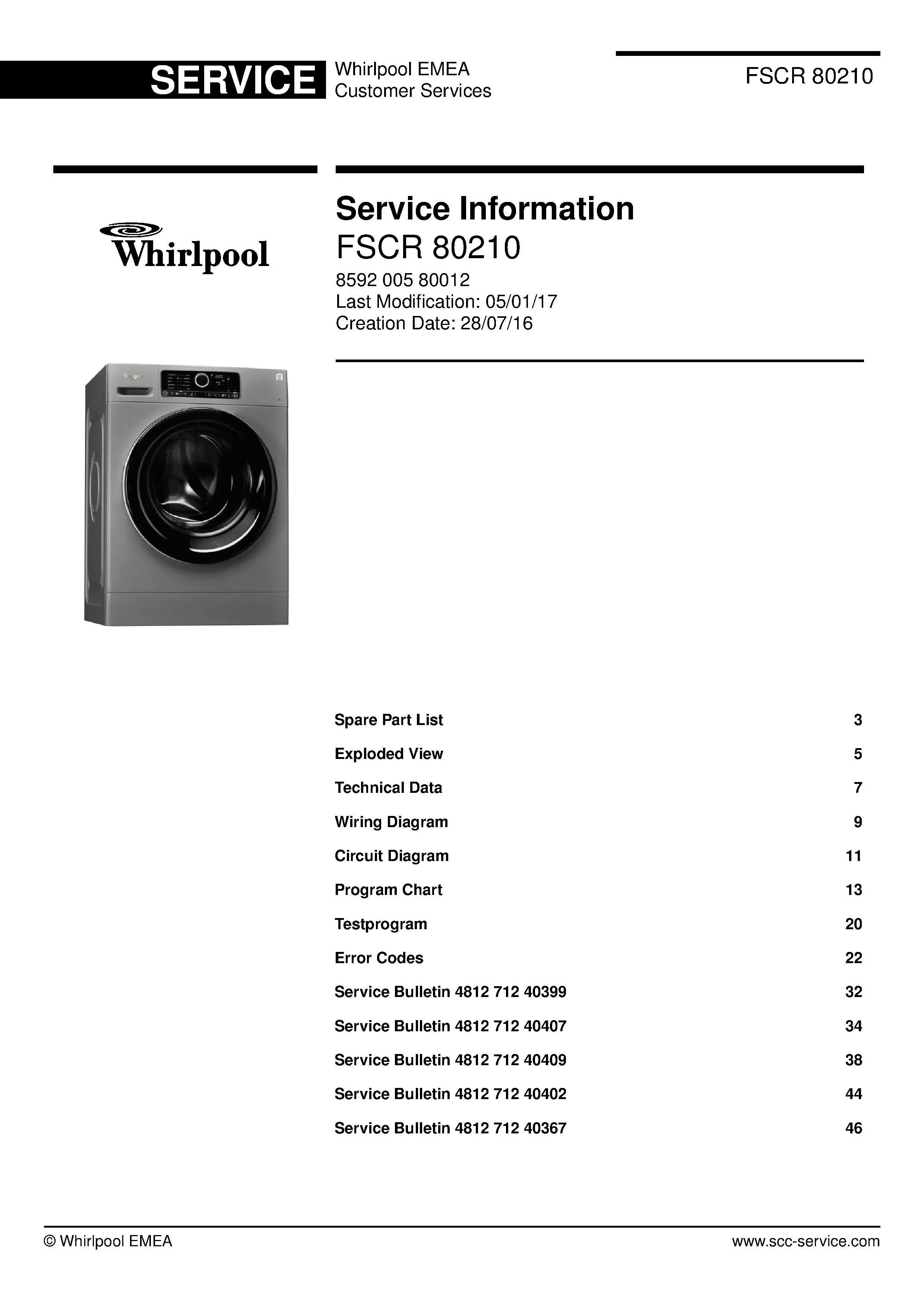 Whirlpool fscr 80210 service manual cover Whirlpool logo, Whirlpool EMEA customer service, model type, publication date, document number and service manual contents
