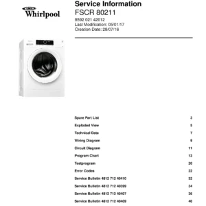 Whirlpool fscr 80211 service manual cover Whirlpool logo, Whirlpool EMEA customer service, model type, publication date, document number and service manual contents