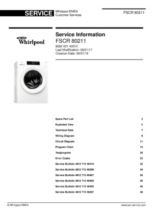 Whirlpool fscr 80211 service manual cover Whirlpool logo, Whirlpool EMEA customer service, model type, publication date, document number and service manual contents