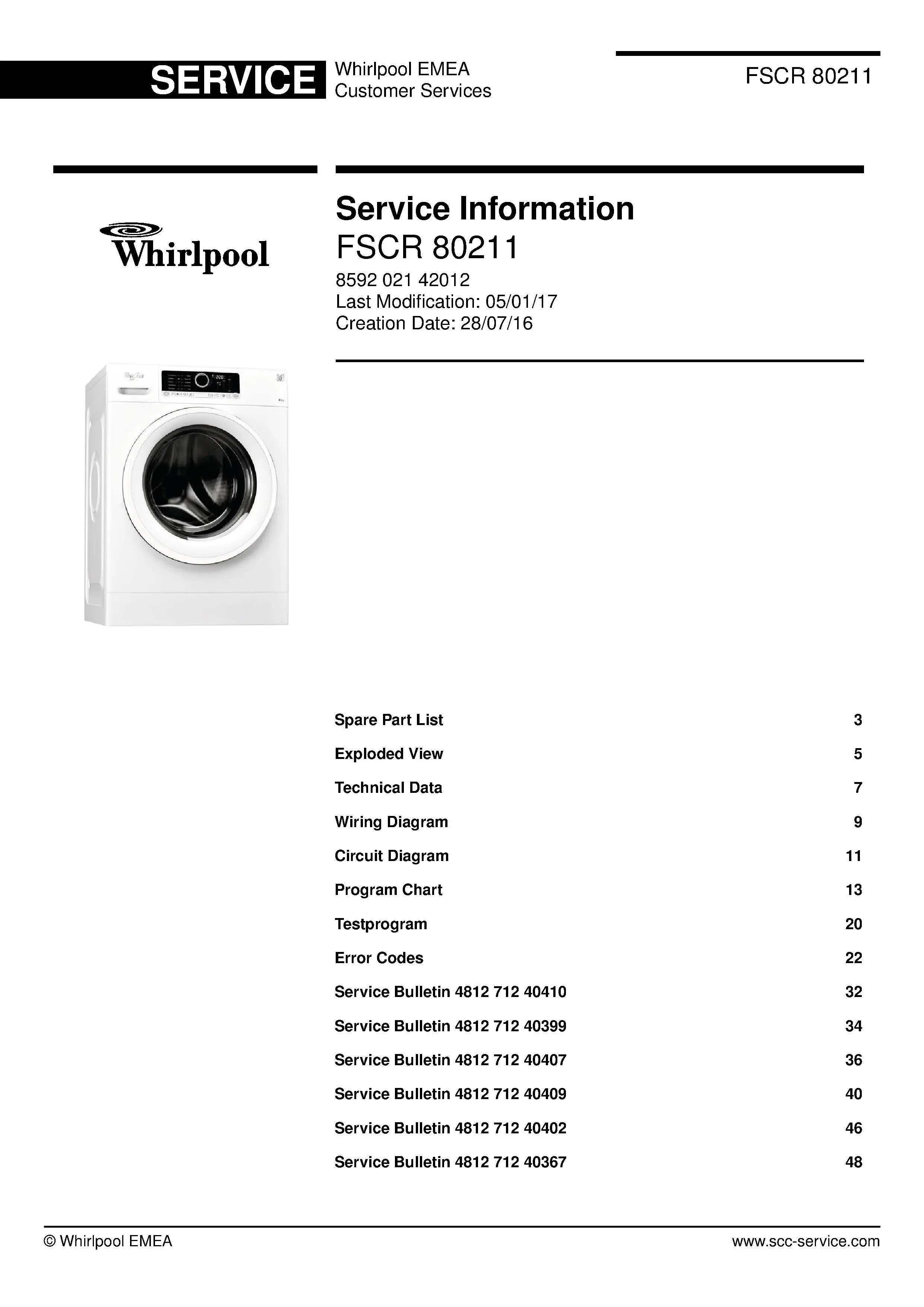 Whirlpool fscr 80211 service manual cover Whirlpool logo, Whirlpool EMEA customer service, model type, publication date, document number and service manual contents