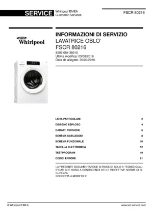 Whirlpool fscr 80216 copertina del manuale di servizio Whirlpool logo, Whirlpool EMEA customer service, model type, publication date, document number and service manual contents