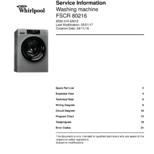 Whirlpool fscr 80216 service manual cover Whirlpool logo, Whirlpool EMEA customer service, model type, publication date, document number and service manual contents