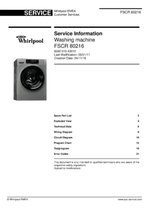 Whirlpool fscr 80216 service manual cover Whirlpool logo, Whirlpool EMEA customer service, model type, publication date, document number and service manual contents