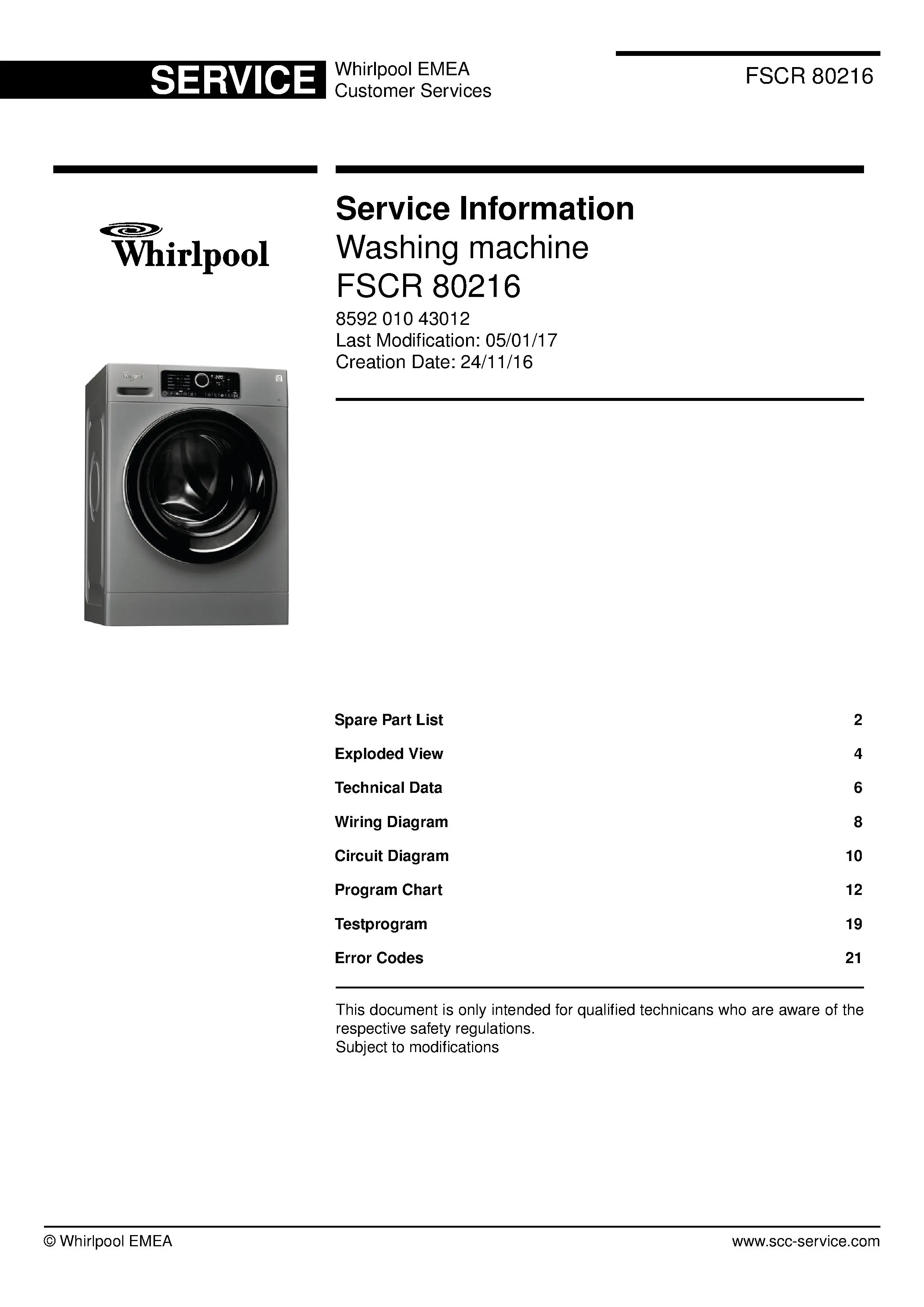 Whirlpool fscr 80216 service manual cover Whirlpool logo, Whirlpool EMEA customer service, model type, publication date, document number and service manual contents