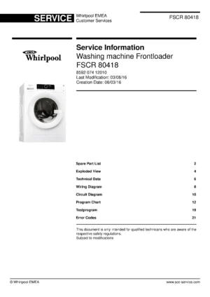 Whirlpool fscr 80418 service manual cover Whirlpool logo, Whirlpool EMEA customer service, model type, publication date, document number and service manual contents