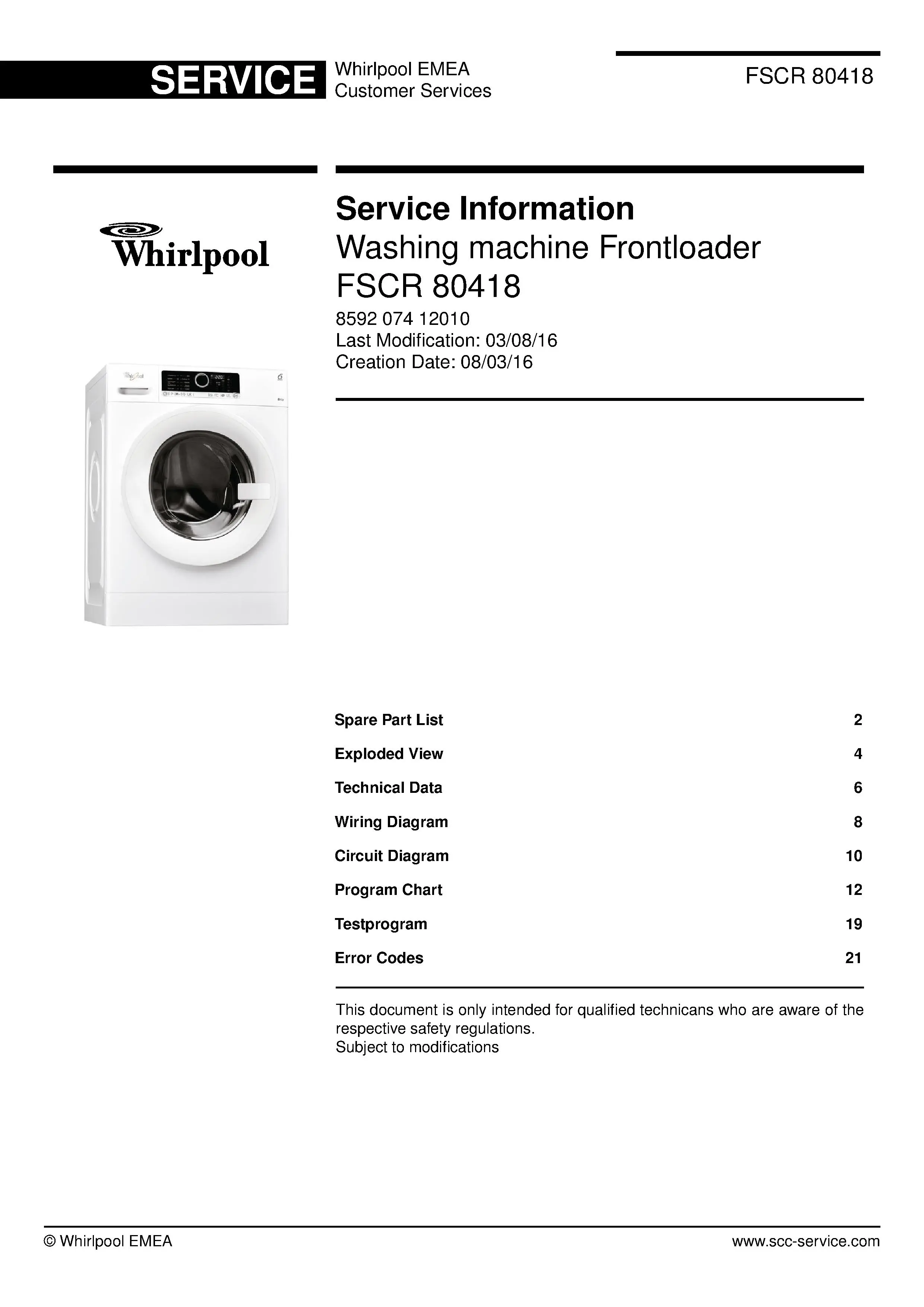 Whirlpool fscr 80418 service manual cover Whirlpool logo, Whirlpool EMEA customer service, model type, publication date, document number and service manual contents