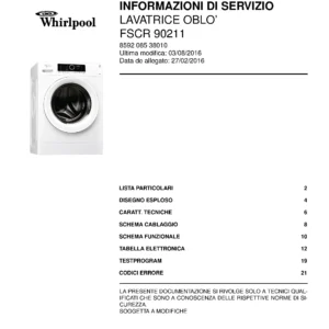 Whirlpool fscr 90211 copertina del manuale di servizio Whirlpool logo, Whirlpool EMEA customer service, model type, publication date, document number and service manual contents