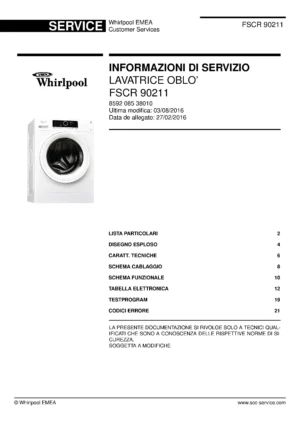 Whirlpool fscr 90211 copertina del manuale di servizio Whirlpool logo, Whirlpool EMEA customer service, model type, publication date, document number and service manual contents