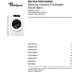 Whirlpool fscr 90411 service manual cover Whirlpool logo, Whirlpool EMEA customer service, model type, publication date, document number and service manual contents