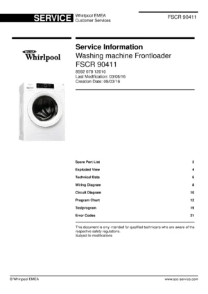 Whirlpool fscr 90411 service manual cover Whirlpool logo, Whirlpool EMEA customer service, model type, publication date, document number and service manual contents
