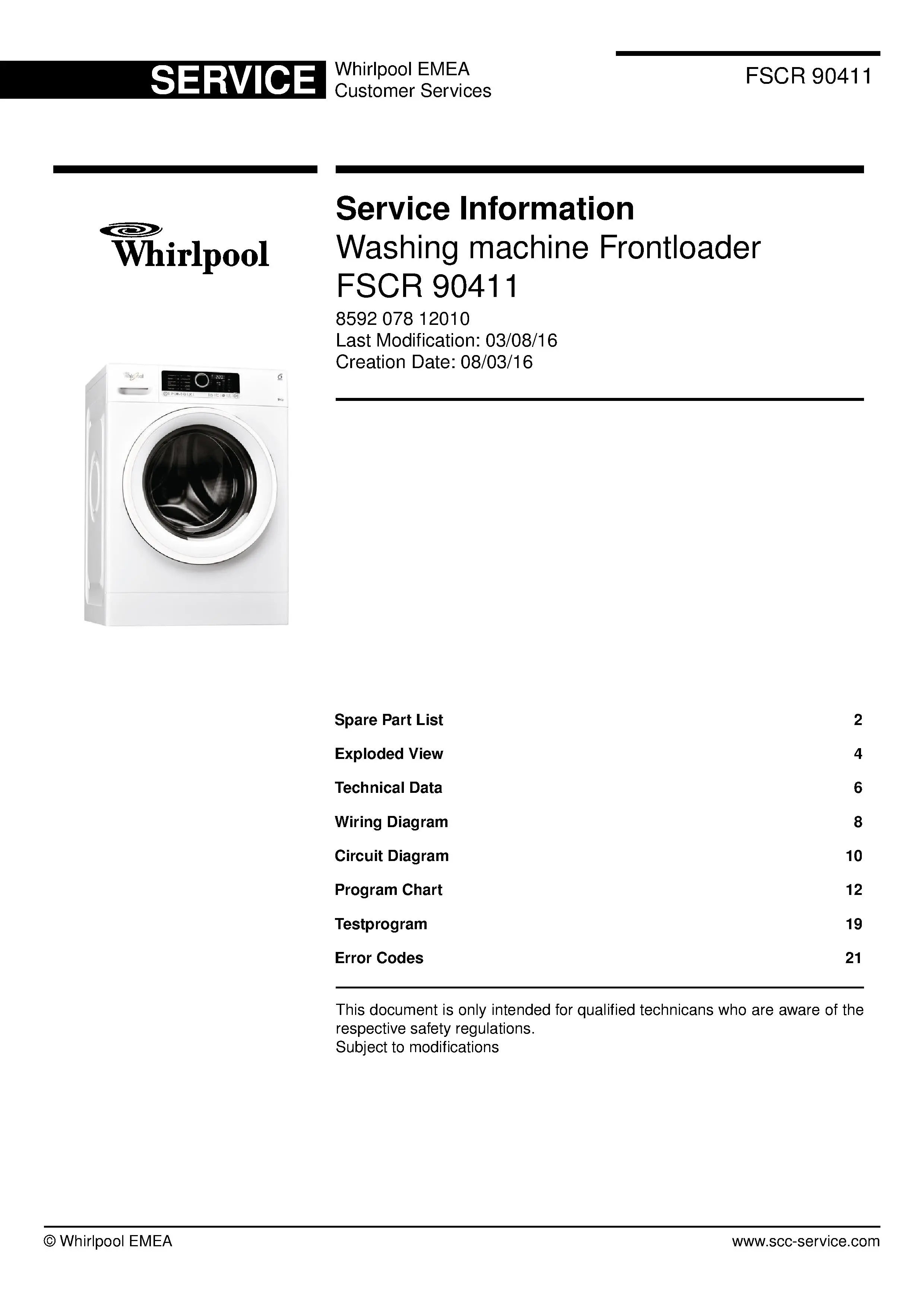 Whirlpool fscr 90411 service manual cover Whirlpool logo, Whirlpool EMEA customer service, model type, publication date, document number and service manual contents