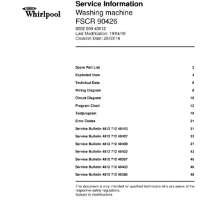 Whirlpool fscr 90426 service manual cover Whirlpool logo, Whirlpool EMEA customer service, model type, publication date, document number and service manual contents