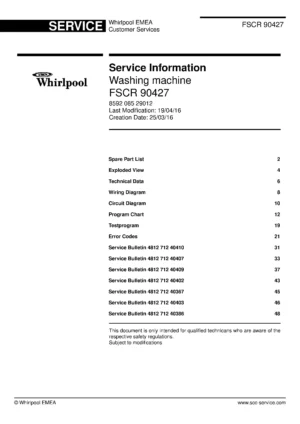 Whirlpool fscr 90427 service manual cover Whirlpool logo, Whirlpool EMEA customer service, model type, publication date, document number and service manual contents