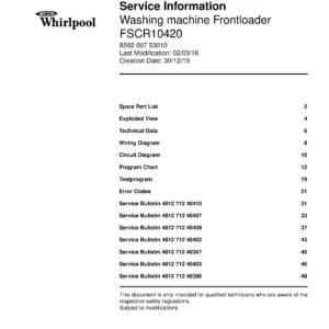 Whirlpool fscr10420 service manual cover Whirlpool logo, Whirlpool EMEA customer service, model type, publication date, document number and service manual contents
