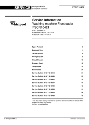 Whirlpool fscr10421 service manual cover Whirlpool logo, Whirlpool EMEA customer service, model type, publication date, document number and service manual contents