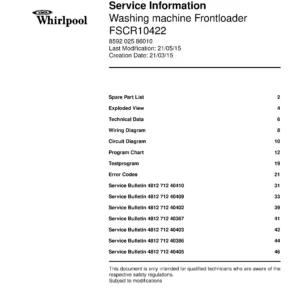 Whirlpool fscr10422 service manual cover Whirlpool logo, Whirlpool EMEA customer service, model type, publication date, document number and service manual contents