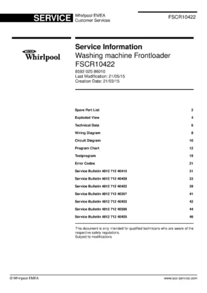Whirlpool fscr10422 service manual cover Whirlpool logo, Whirlpool EMEA customer service, model type, publication date, document number and service manual contents